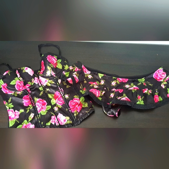 Pink Bustier Floral Corset Sheer Black Back Eye & Hook Top & Bottom Size 36B - Picture 3 of 6